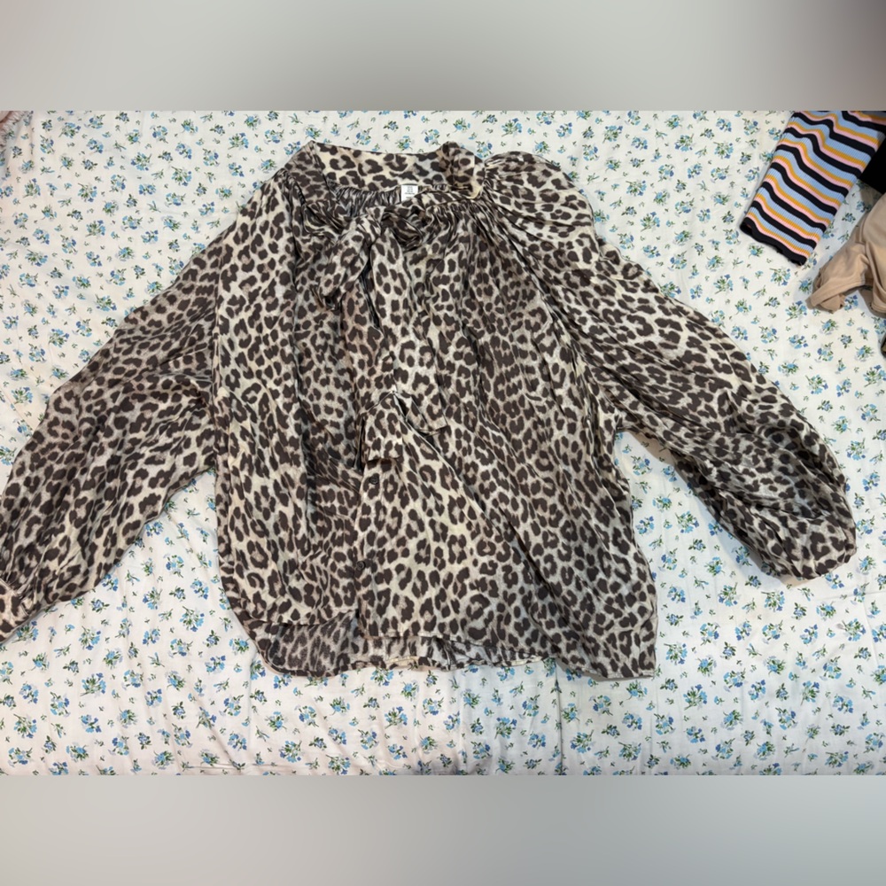 H&M Animal Print Top - Brown and Cream BOW TIE collar